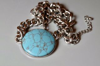 Vintage Heavy Blue Turquoise Stone Effect Pendant On Chain Necklace 4