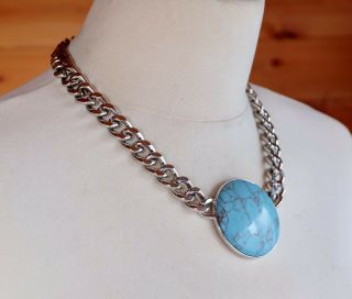 Vintage Heavy Blue Turquoise Stone Effect Pendant On Chain Necklace 5