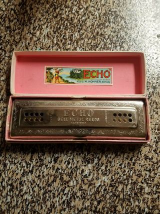 Vintage The Echo Harp Harmonica M Hohner Germany Box Bell Metal Reeds