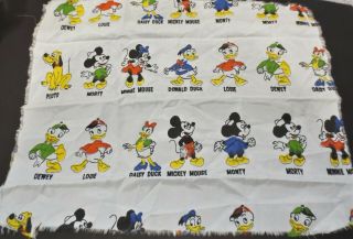 Vtg Litho Disney Characters Fabric Mickey Minnie Donald Daisy Remnant Fray Edge