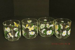 Set Of 4 Vintage Libby Glasses With Daisies And Butterfly Print