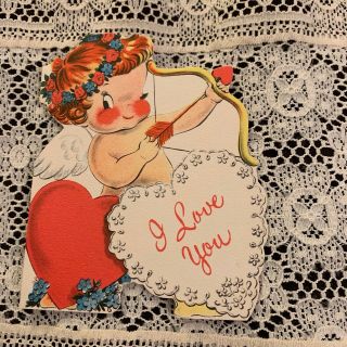 Vintage Greeting Card Valentine I Love You Norcross Cupid Girl Arrow