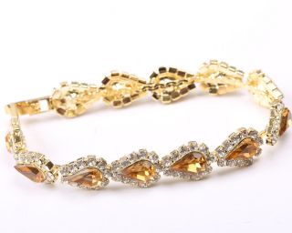 Silver Tone Bracelet With Yellow Stones And Clear Rhinestones,  Vintage 1980s