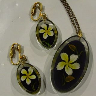 Vintage Necklace Earrings Set Lucite Pressed Daisy Flower Inlay 2