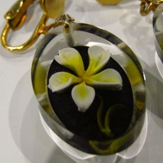 Vintage Necklace Earrings Set Lucite Pressed Daisy Flower Inlay 4