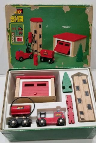 Vintage Brio Fire House Incomplete.  Wood Railway Sweden.  W Box.  Building People