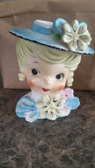 Vintage Ucagco Blonde Curl Girl Lady Head Vase Flowers On Bonnet Hand Painted