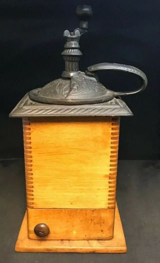Fabulous Antique Wood And Cast Iron Coffee Grinder Vintage