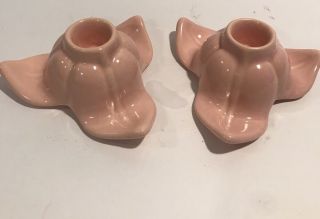 Vintage Art Pottery Pair Candlesticks Candle Holder Pink Tulip Leaf