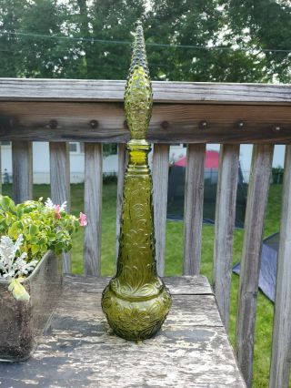 Vintage Glass Emerald Green Decanter Genie Bottle Floral 18 " Tall