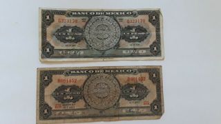 2 Vintage Banco De Mexico Mexican Un Peso One Peso Notes Paper Money 1948,  1967