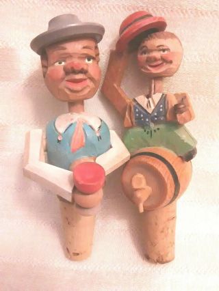 Set Of 2 Vintage Hand Carved Wooden Man & Women Corks Animated Bar - Ware