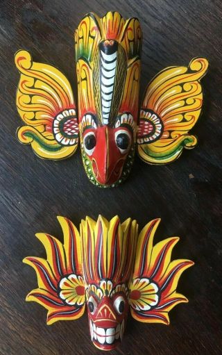 Set Of (2) Vintage Sri Lankan Hand Painted Carved Wooden Wall Masks Indonesia