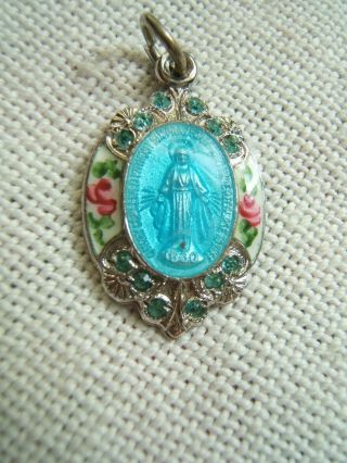 Vintage Sterling Silver Charm Medal Blue Enamel Virgin Mary