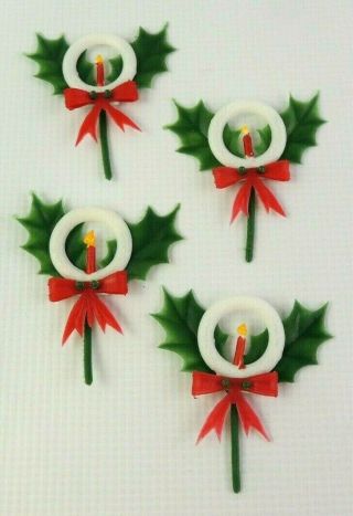 Vintage Holly Candle In Wreath Christmas Cake Decorations Cupcake Picks