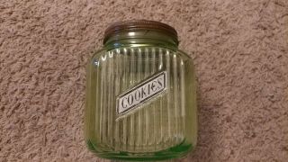Vintage Depression Green Cookie Jar Ribbed Hoosier Anchor Hocking