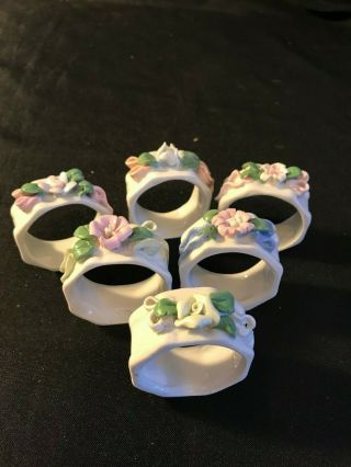 Vintage Porcelain Napkin Ring Holders Flowers Bouquet Set Of 6