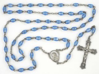 Vtg Sterling Silver Sapphire Cut Glass Capped Beads Rosary - 24 1/4 "