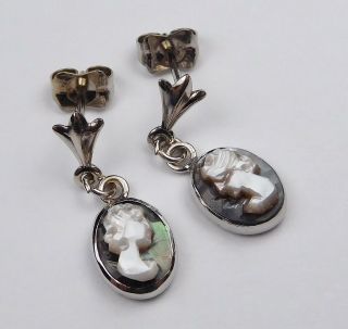 Vintage 10k White Gold Dangle Abalone Cameo Earrings