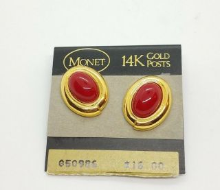 Vintage Monet Gold Tone Earrings With Red Cabochons And 14kt Gold Posts