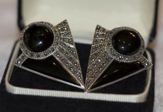 Estate/vintage Large Sterling Silver Onyx Marcasite Pierced Earrings In Gift Box