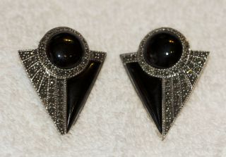 Estate/Vintage Large Sterling Silver Onyx Marcasite Pierced Earrings in Gift Box 2