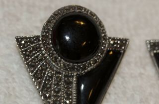 Estate/Vintage Large Sterling Silver Onyx Marcasite Pierced Earrings in Gift Box 5