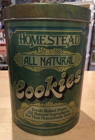 Vtg Cheinco Homestead Cookies Tin Green Brown Retro 1970s Kitchen Kitsch Metal