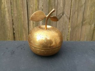 Vintage Etched Brass Apple Trinket Box 5 " X 3 3/4 " Patina