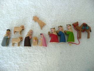 Vintage German Wood Hand Carved Miniature Nativity Figures For Tier Carousel