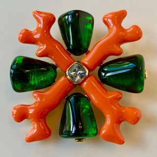 Vintage Kenneth Jay Lane Kjl Large Coral Emeralds Diamond Cross Pin/brooch