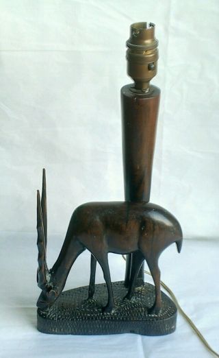 Wooden Antelope Lamp Vintage Hand Carved Dark Wood