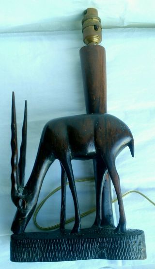 wooden antelope lamp Vintage hand carved dark wood 2