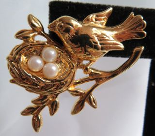 Br1 Vtg Bird Nest Brooch Pin Gold Tone Faux Pearl Beads 1 " Estate