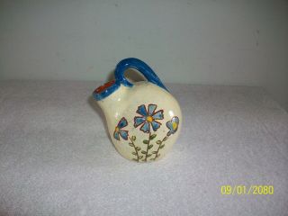Vintage Brown County Indiana Pottery Jug Blue Floral Decoration