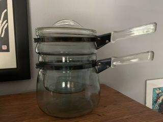 Vintage Pyrex Flameware Glass Double Boiler Pot W/lid Glass 6763 - C
