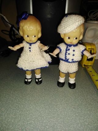 Two Adorable Vintage Knickerbocker Plastic Dolls Crocheted Outfits