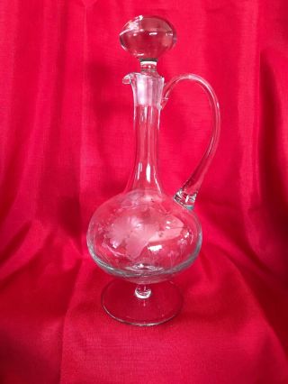 Vintage Stemmed Etched Wine Decanter With Large Glass Stopper And Handle