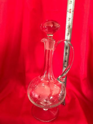 Vintage Stemmed Etched Wine Decanter With Large Glass Stopper And Handle 2