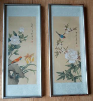 Framed Vintage Chinese Painting On Silk Of Bird & Flowers Signed