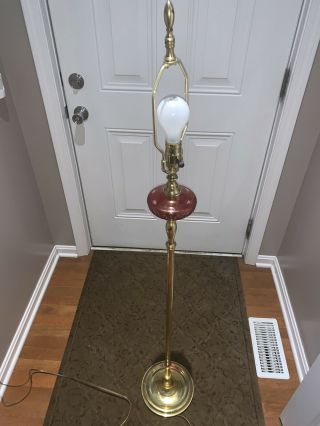 Vintage Brass Floor Lamp With Decorative Cranberry Glass Hollywood Regency