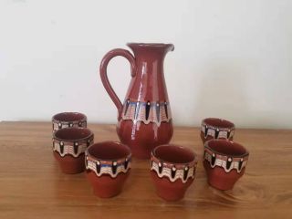Vintage Clay Pottery Pitcher With 6 Matching Cups