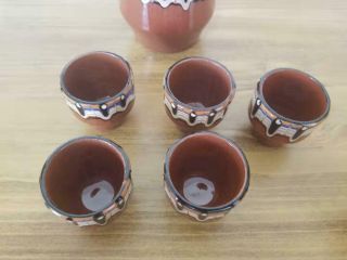 Vintage clay pottery pitcher with 6 matching cups 2
