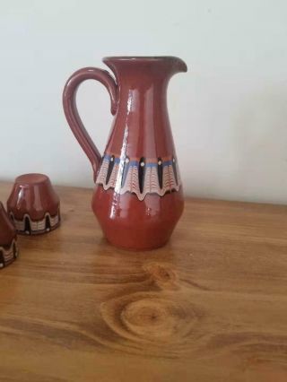 Vintage clay pottery pitcher with 6 matching cups 5