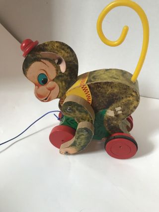 Vintage Fisher Price Chatter Monkey 798 Antique Wooden Pull Toy Made In Usa