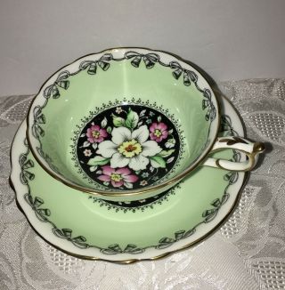 Vtg Paragon Tea Cup & Saucer By Appointment Bone China Green Black Floral