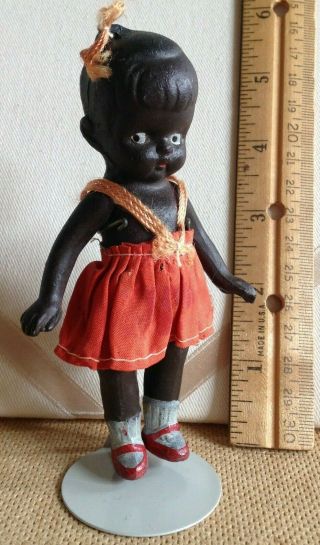 Vintage Japan Bisque Porcelain Jointed Black Americana Little Dressed Girl Doll