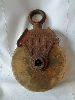 Vintage Antique Myers H348 Cast Iron Rustic Old Wood Wheel Barn Pulley Tool Rust