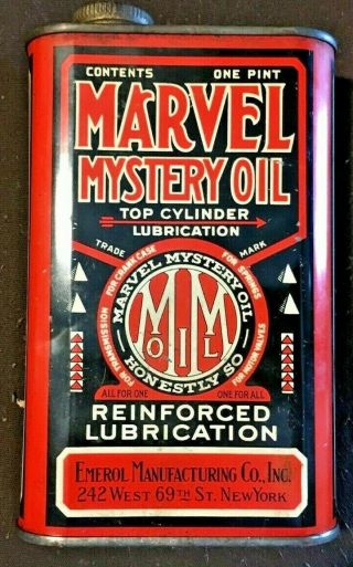Vintage Marvel Mystery Oil Tin Can Store Display Sign One Pint Size Emerol Manft
