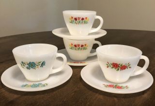 Anchor Hocking Fire King Vintage Coffee Tea Cups Saucers Tulip Rose Blue Flowers